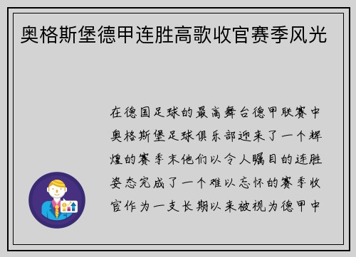 奥格斯堡德甲连胜高歌收官赛季风光