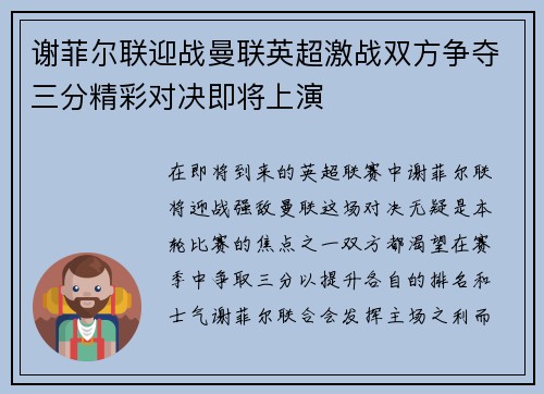 谢菲尔联迎战曼联英超激战双方争夺三分精彩对决即将上演