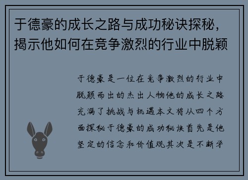 于德豪的成长之路与成功秘诀探秘，揭示他如何在竞争激烈的行业中脱颖而出