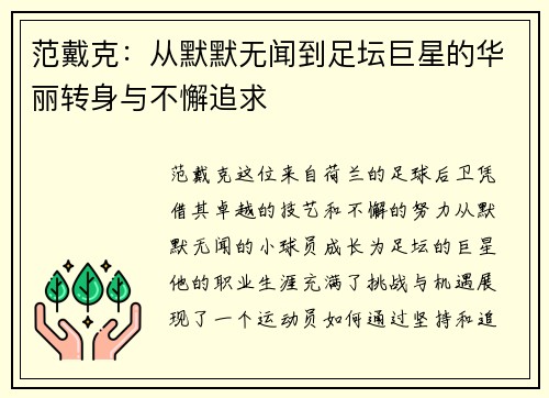 范戴克：从默默无闻到足坛巨星的华丽转身与不懈追求