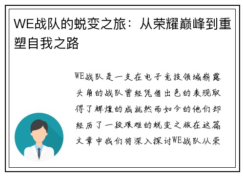 WE战队的蜕变之旅：从荣耀巅峰到重塑自我之路