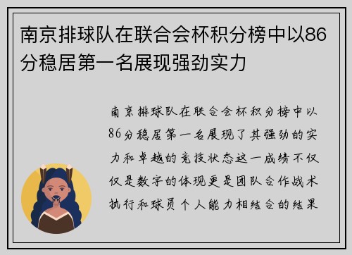 南京排球队在联合会杯积分榜中以86分稳居第一名展现强劲实力