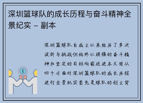 深圳篮球队的成长历程与奋斗精神全景纪实 - 副本