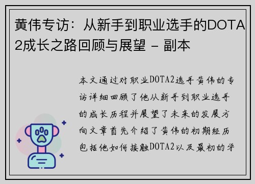 黄伟专访：从新手到职业选手的DOTA2成长之路回顾与展望 - 副本